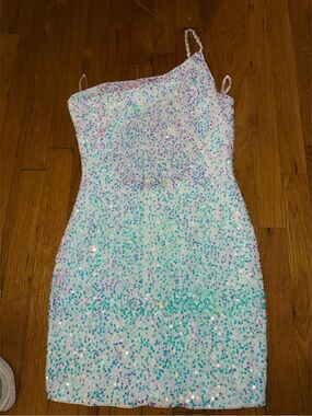 Sequin One-Shoulder Bodycon Mini Dress - White with Iridescent Sequins
